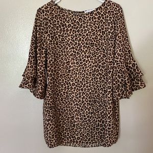 Size Large leopard print blouse with layered bell sleeves.